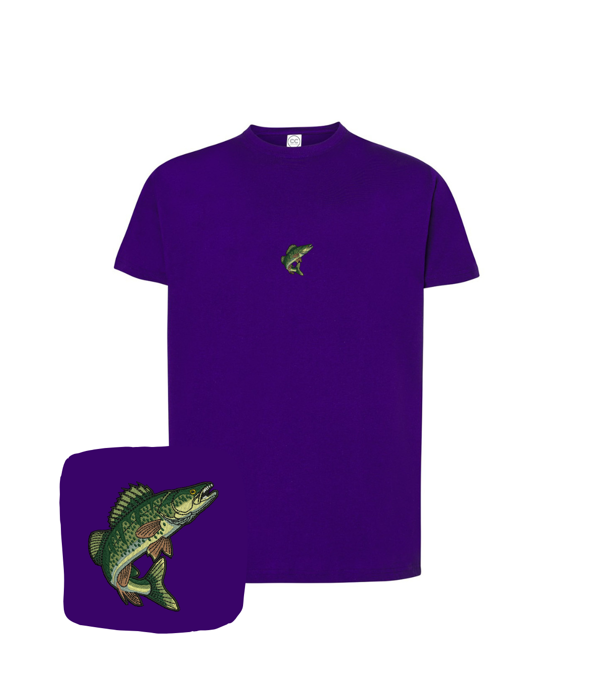Purple fishing T-shirt with embroidered perch design, ideal for anglers, by CustomClothes.pl.