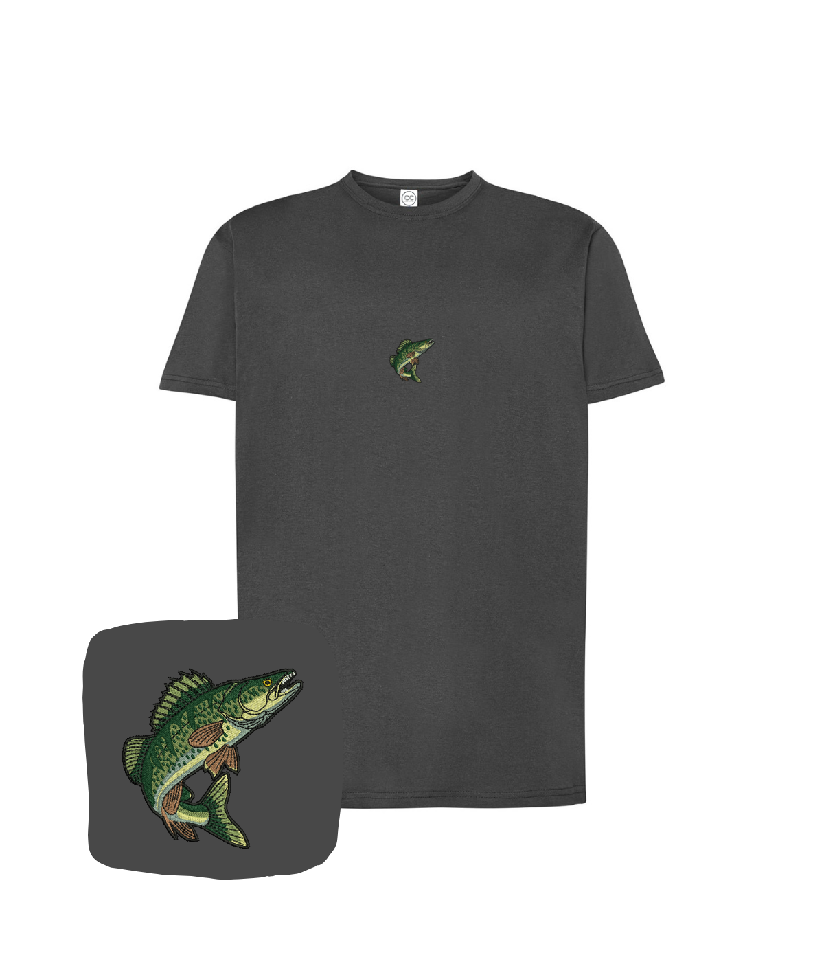 Grafitowa koszulka z haftem przedstawiającym rybę okoń, marki CustomClothes.pl, z humorystycznym wzorem na przodzie.