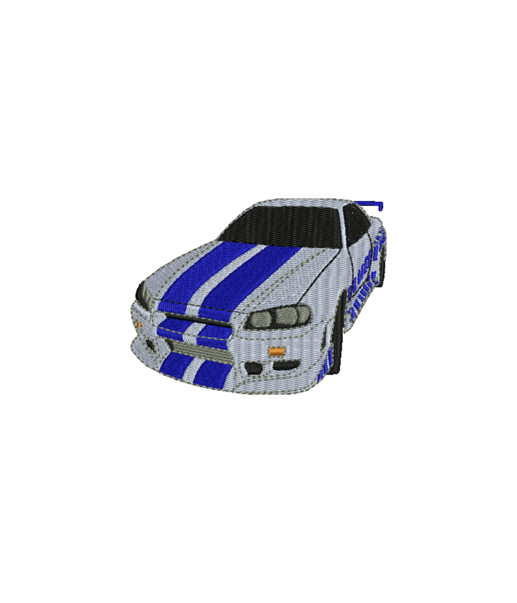 Blue hoodie with embroidered Skyline GTR-R34 logo, casual style, featuring detailed stitching and branding from CustomClothes.pl.