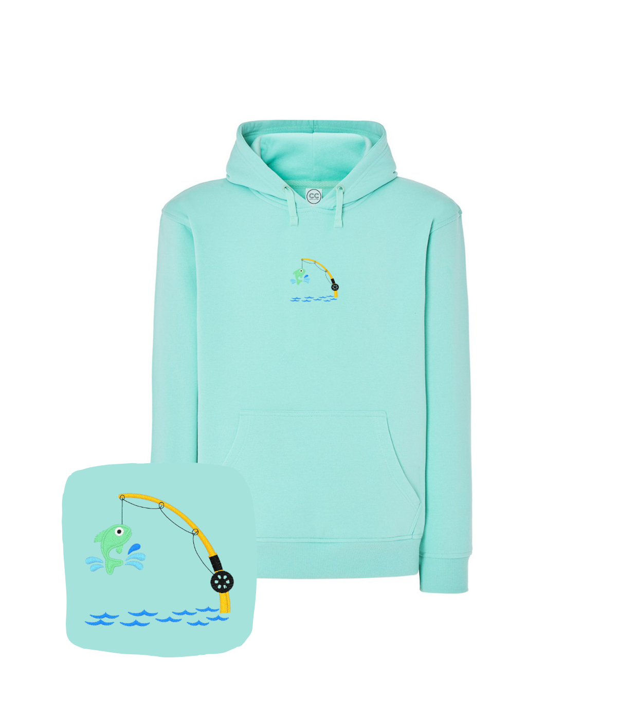 miętowa bluza z haftem na środku klatki