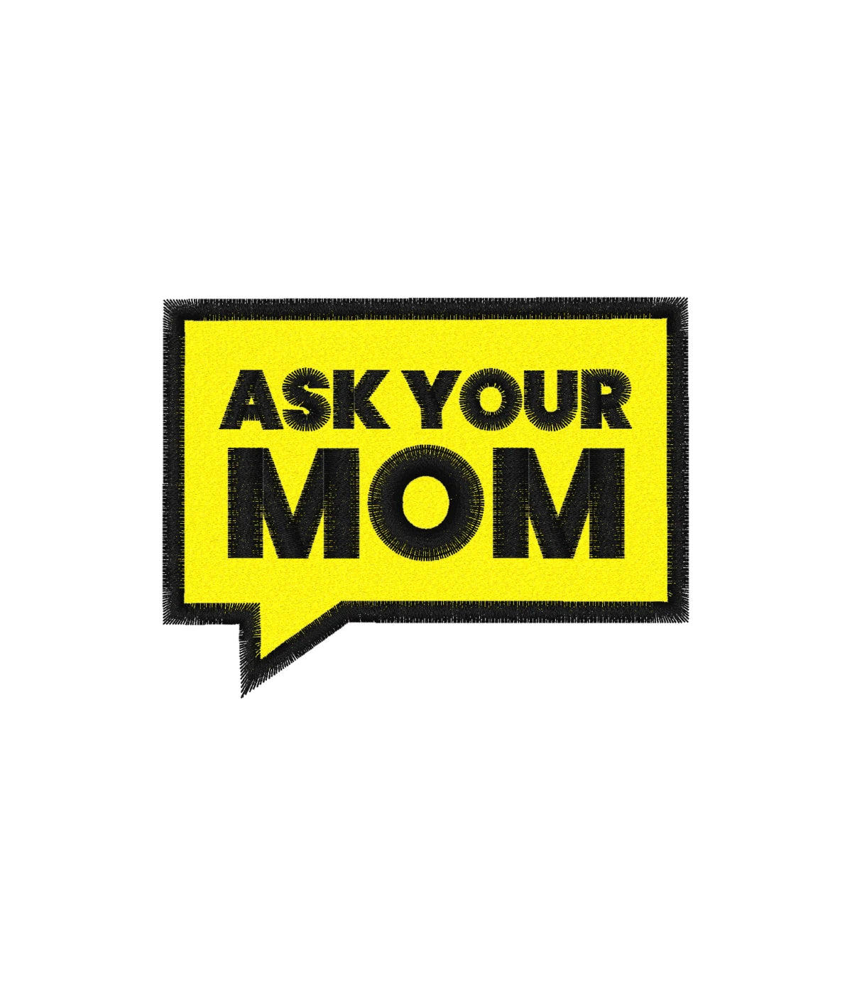 Zbliżenie na haft Ask Your Mom w żółtej ramce - haft komputerowy na bluzie z humorystycznym przesłaniem