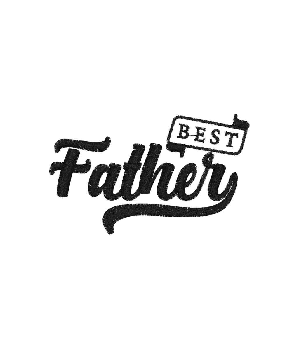Zbliżenie na haft 'Best Father' - haft komputerowy na białym tle, idealny na prezent