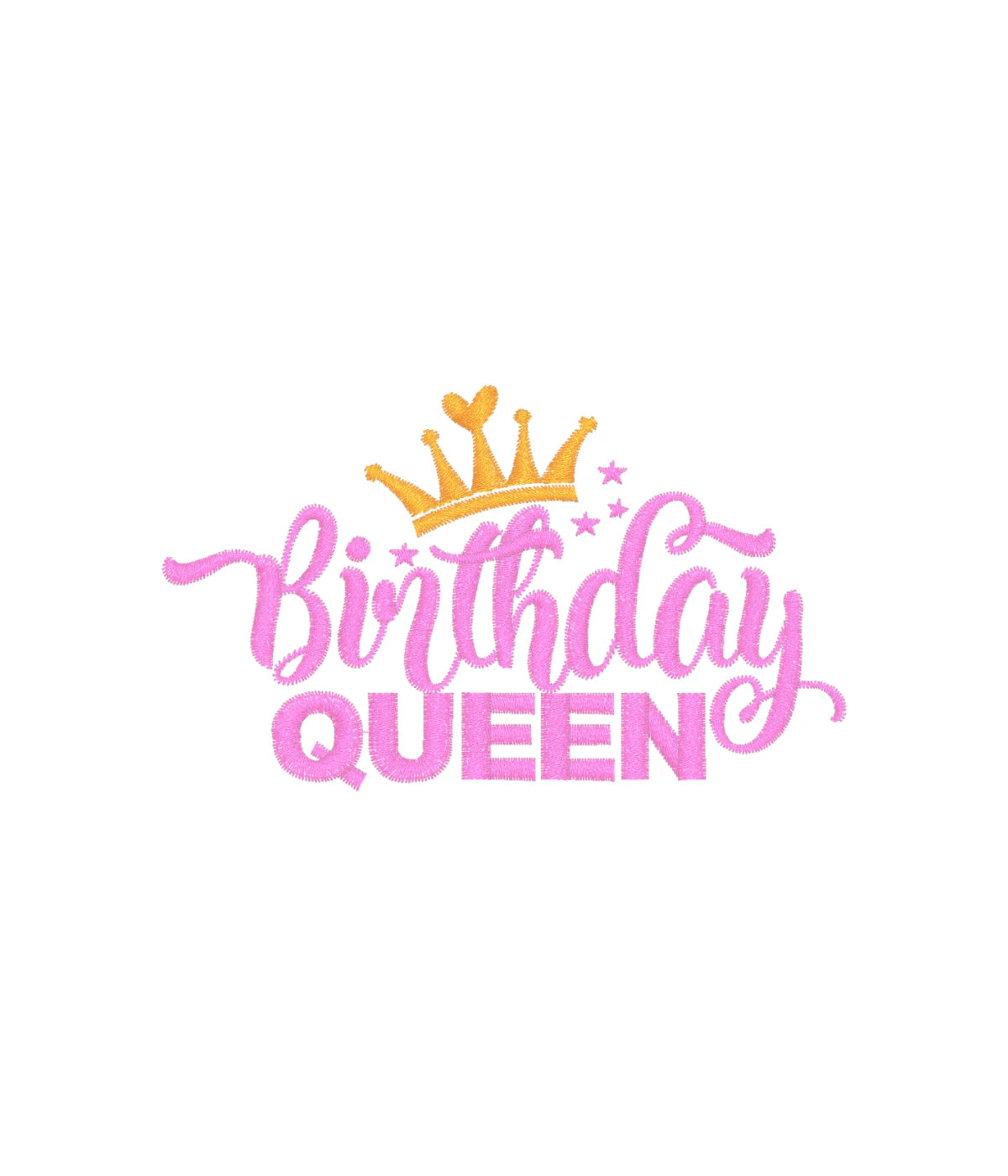 Zbliżenie na haft Birthday Queen w kolorach różowym i złotym - na białej koszulce, doskonały na prezent urodzinowy.