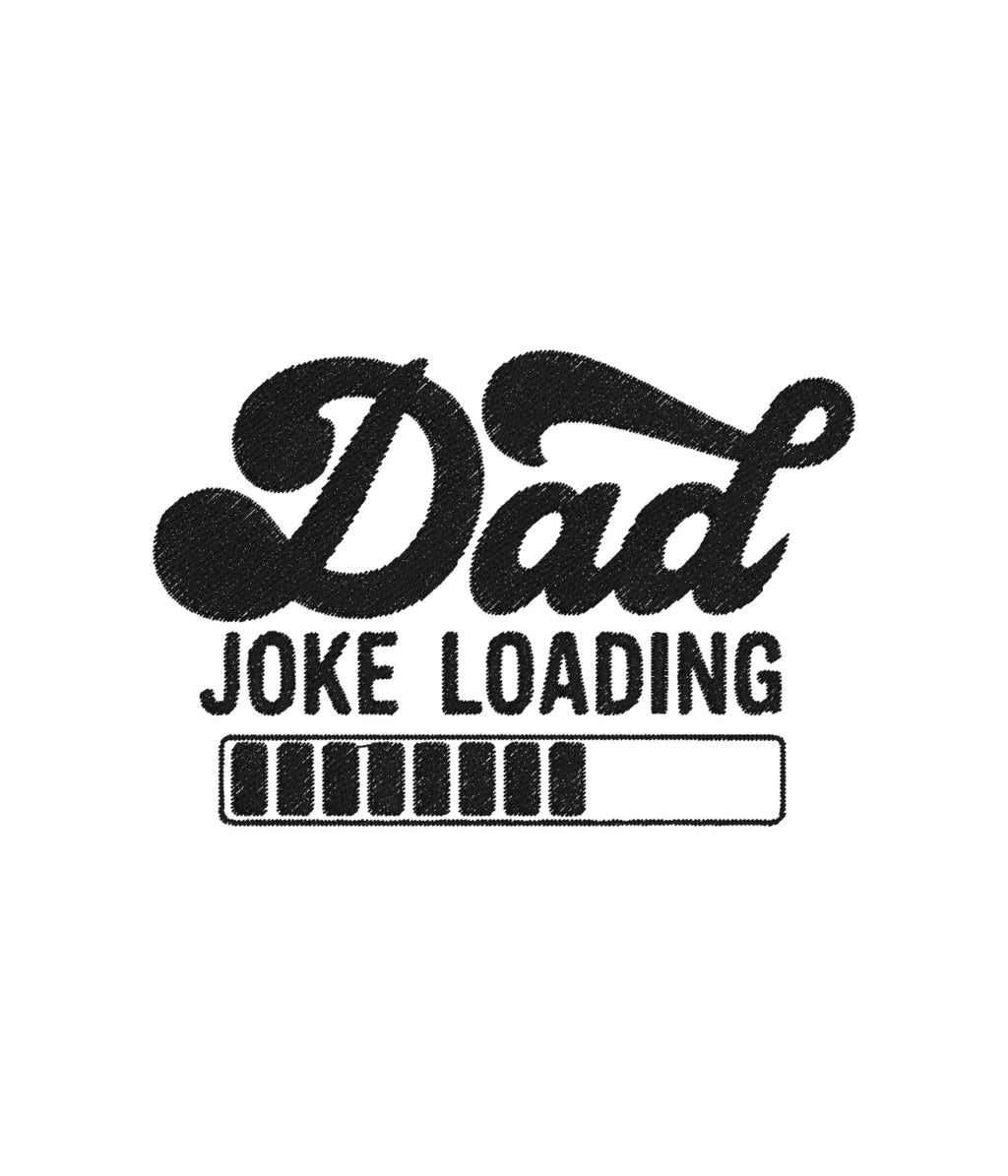 Zbliżenie na haft 'Dad Joke Loading' w kolorze czarnym na bluzie - humorystyczny haft komputerowy.