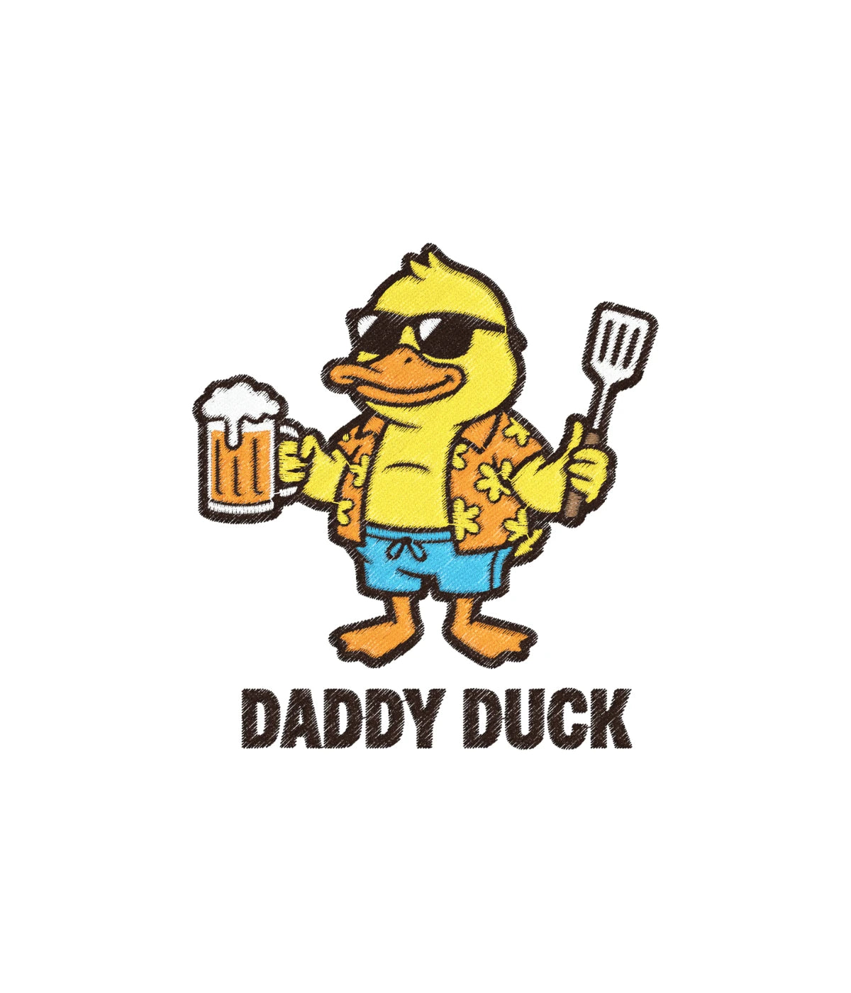 Zbliżenie na haft Daddy Duck na białej koszulce - idealny prezent dla grillomaniaka z haftem komputerowym