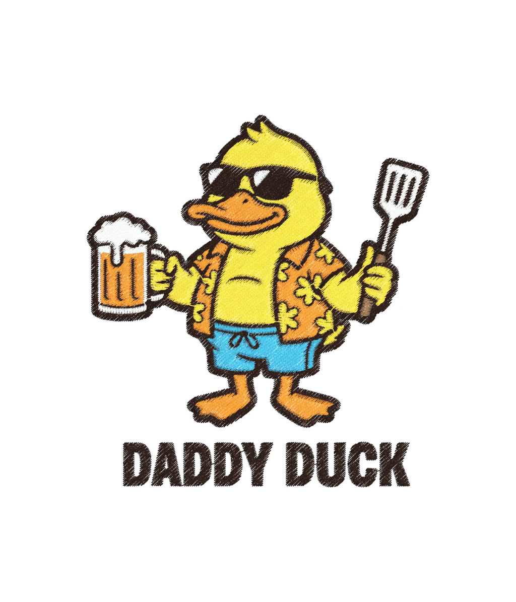 Zbliżenie na haft Daddy Duck z piwem i łopatką - śmieszny motyw na białym tle, haft komputerowy