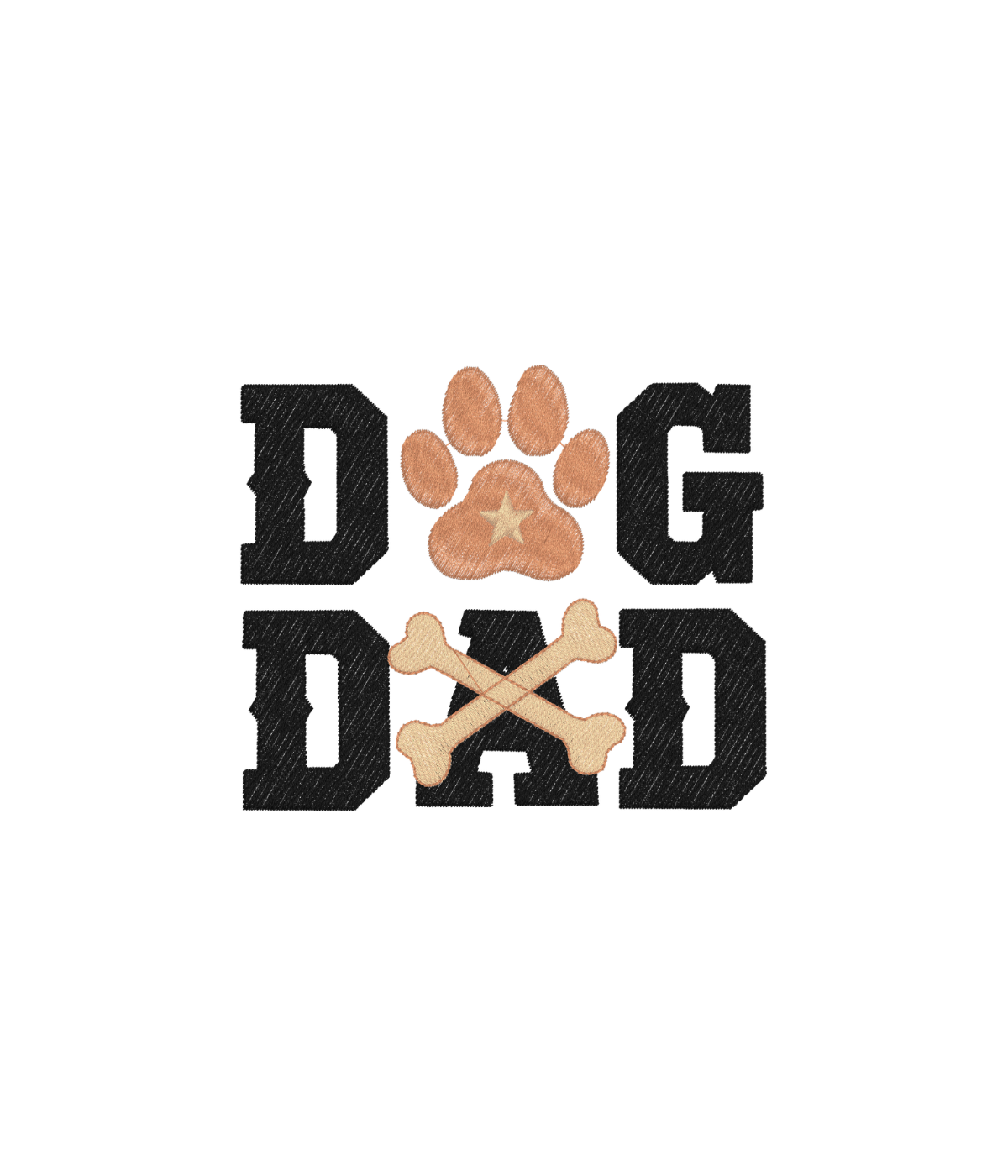 Zbliżenie na haft Dog Dad z pomarańczową łapą i kością na białej tkaninie.