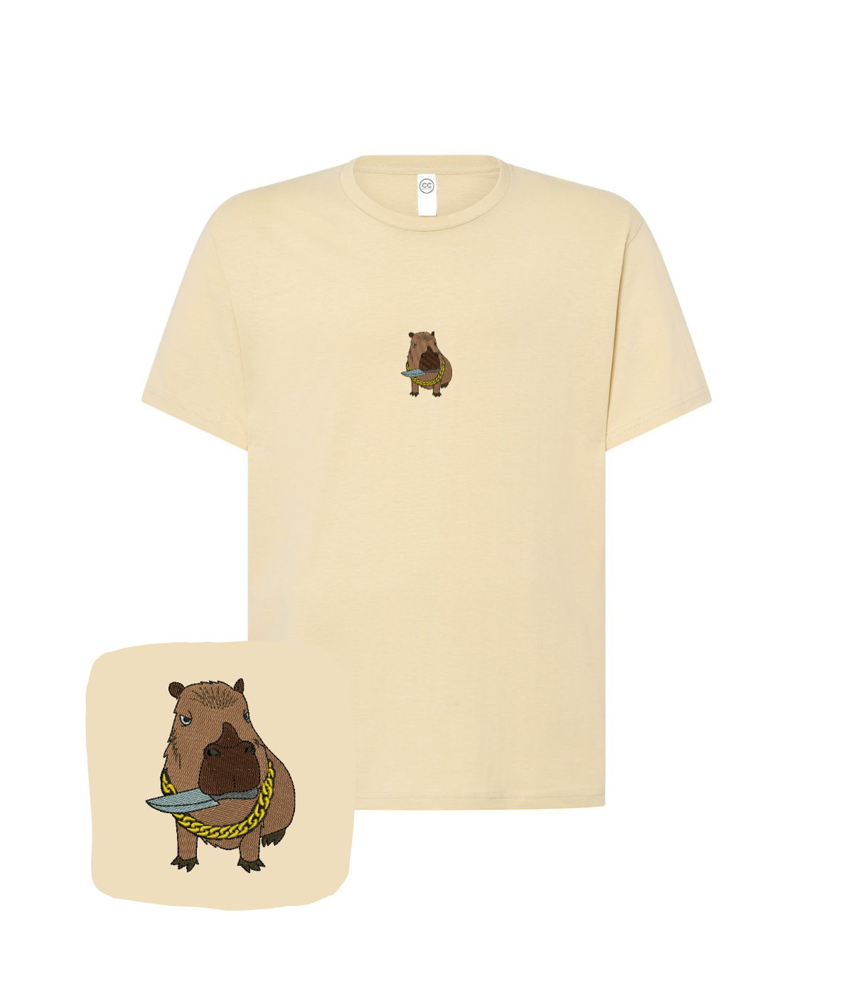 Beige custom cloth t-shirt with embroidered capybara design, perfect as a unique birthday gift from CustomClothes.pl.