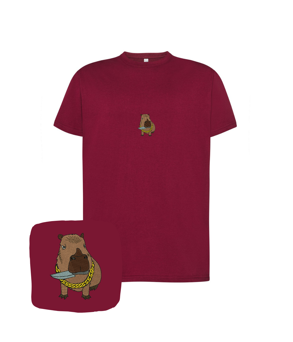 Bordowa t-shirt z haftem kapibary wykonanym techniką komputerową, oryginalny prezent urodzinowy od CustomClothes.pl