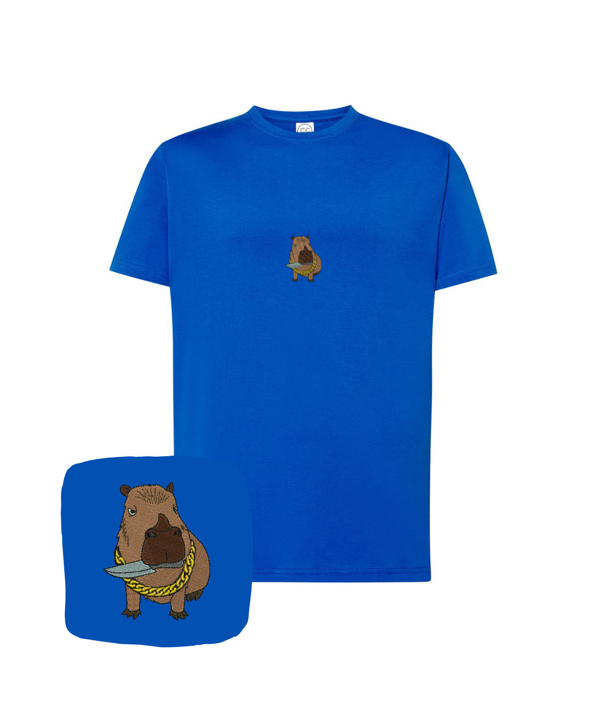 Dark blue T-shirt with embroidered capybara design, featuring computer-themed details, by CustomClothes.pl.