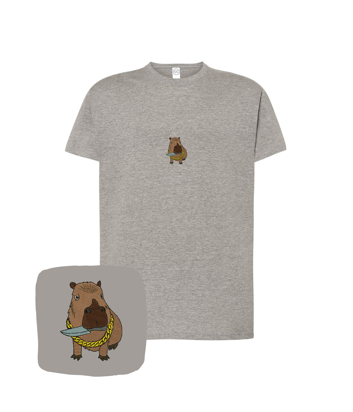 Dark gray T-shirt with embroidered capybara design, featuring computer-style embroidery, ideal as a unique birthday gift from CustomClothes.pl