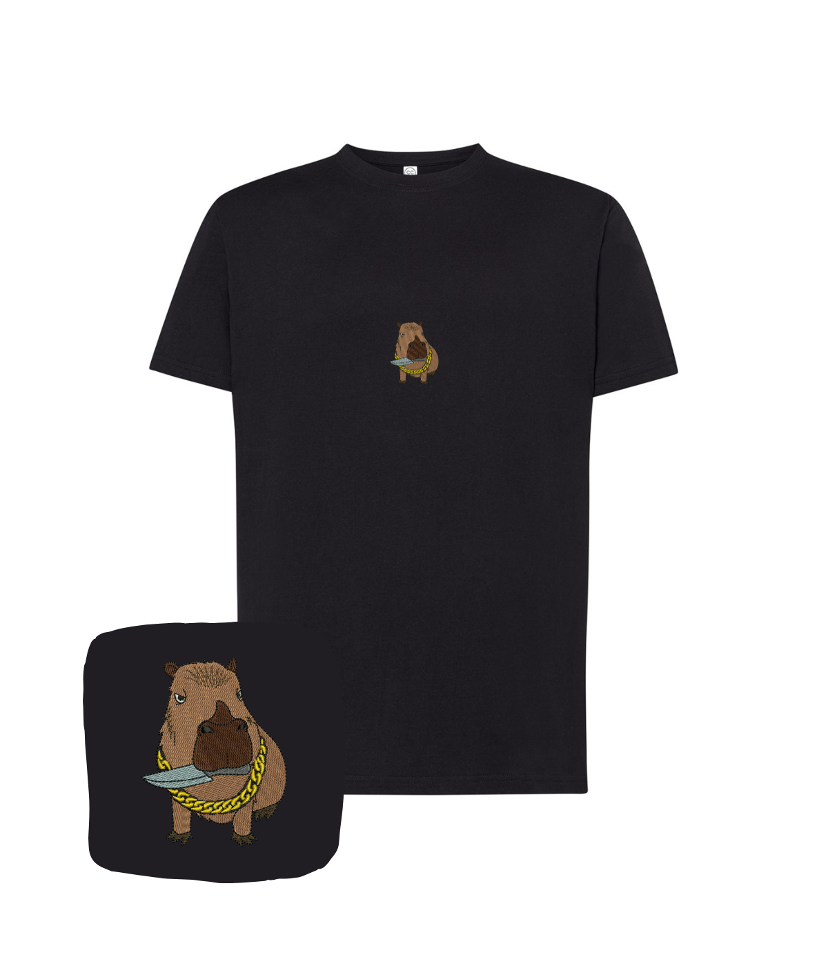 Black T-shirt with colorful embroidered capybara design, featuring a computer-themed motif, by CustomClothes.pl.