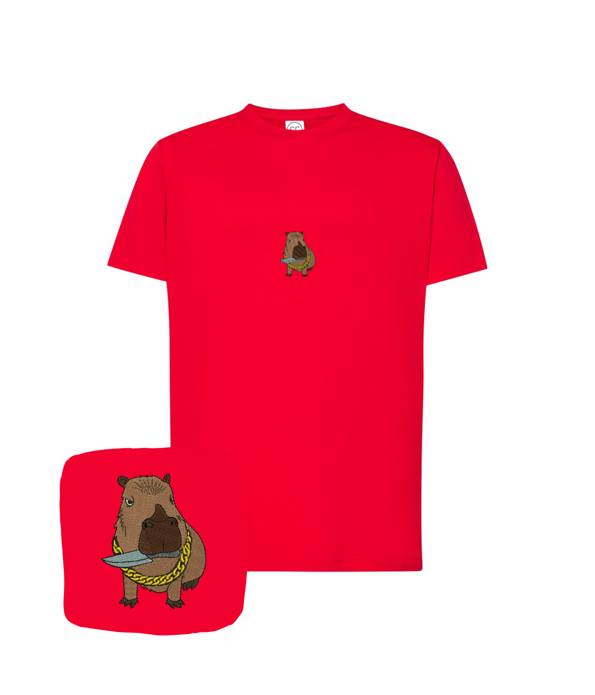 Red T-shirt with embroidered capybara design from CustomClothes.pl, featuring computer-stitched capybara image perfect for a birthday gift.