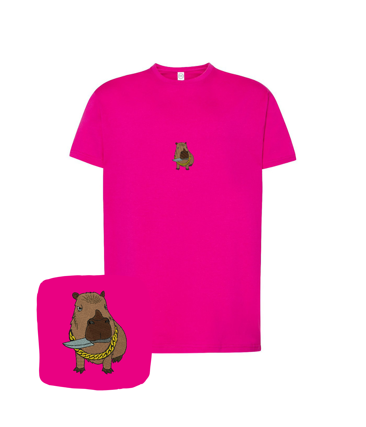 Pink computer-embroidered capybara T-shirt by CustomClothes.pl, featuring a colorful, detailed capybara design for a unique birthday gift