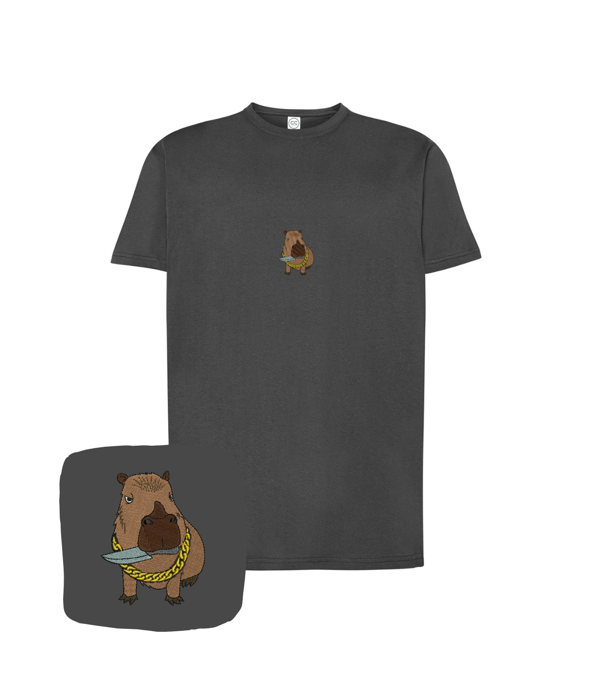 Computer-embroidered kapibara t-shirt in graphite color, featuring a playful capybara design, ideal as a birthday gift.