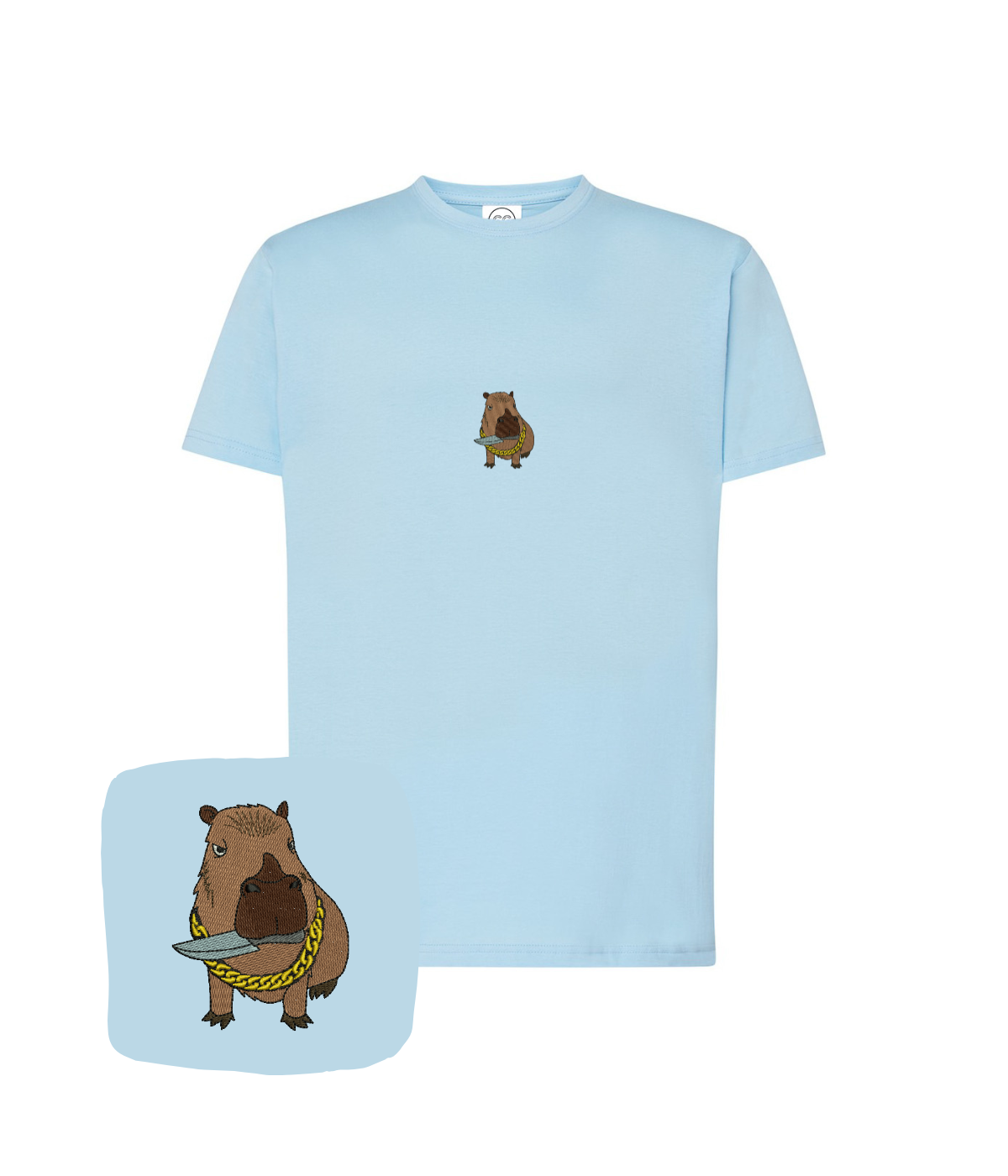 Light blue T-shirt with computer-embroidered capybara design, ideal as a unique birthday gift from CustomClothes.pl