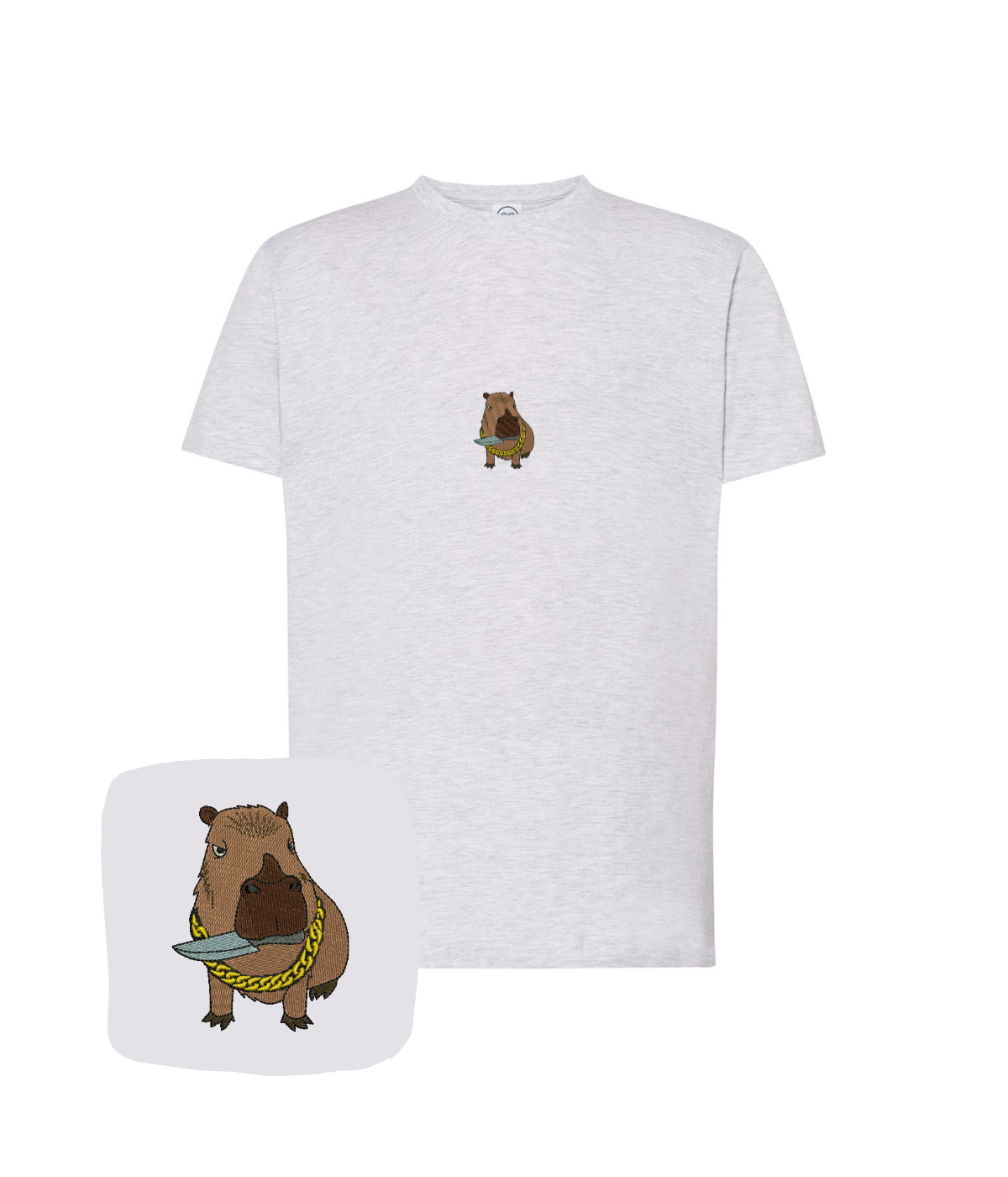 Light gray T-shirt with embroidered capybara design from CustomClothes.pl, featuring computer-stitched embroidery of a capybara.