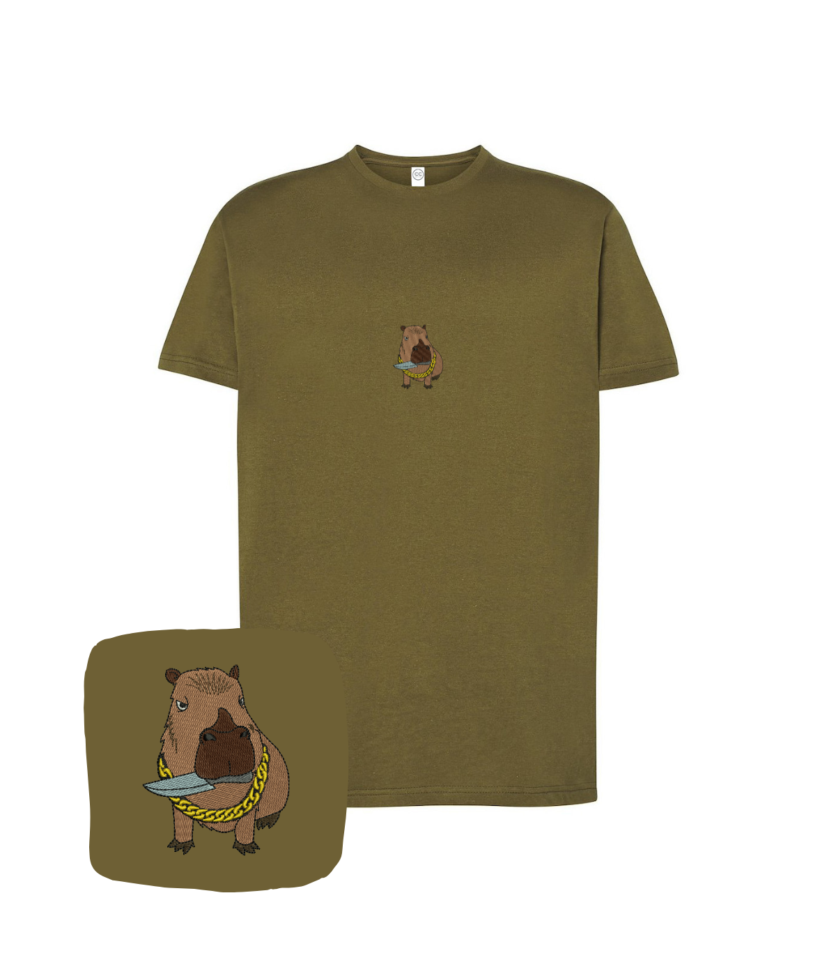 Computer-embroidered capybara T-shirt from CustomClothes.pl, showcasing detailed needlework on a casual clothing item.