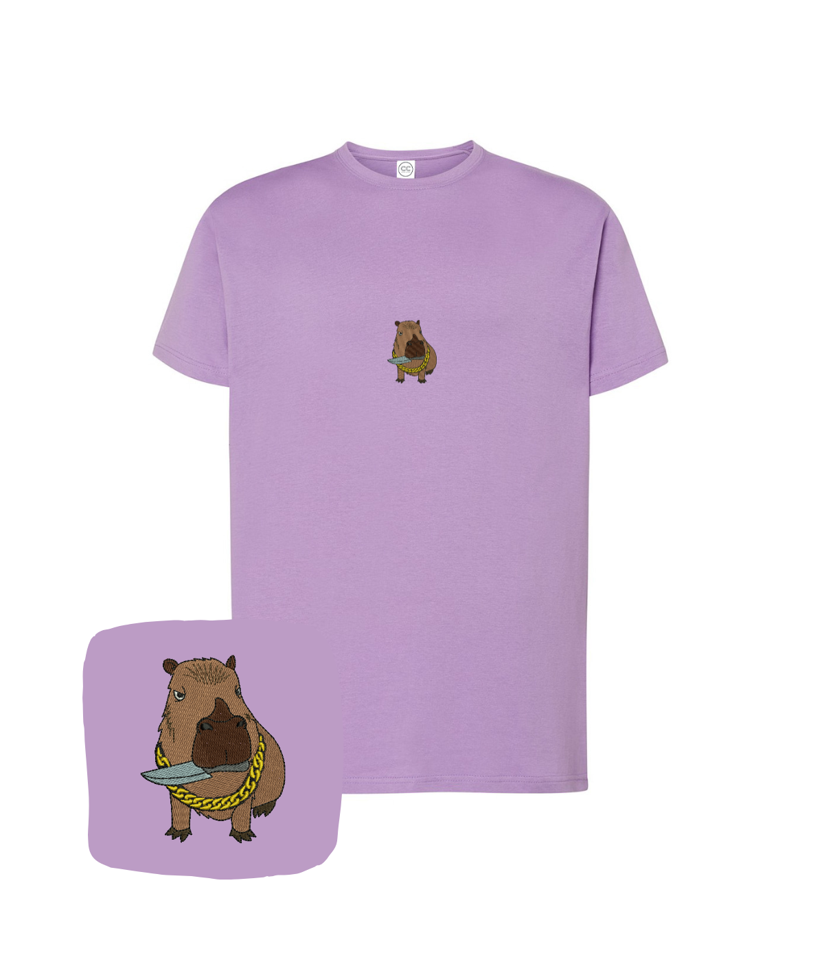 Lavender-colored T-shirt with embroidered capybara design, featuring computer embroidery, from CustomClothes.pl.