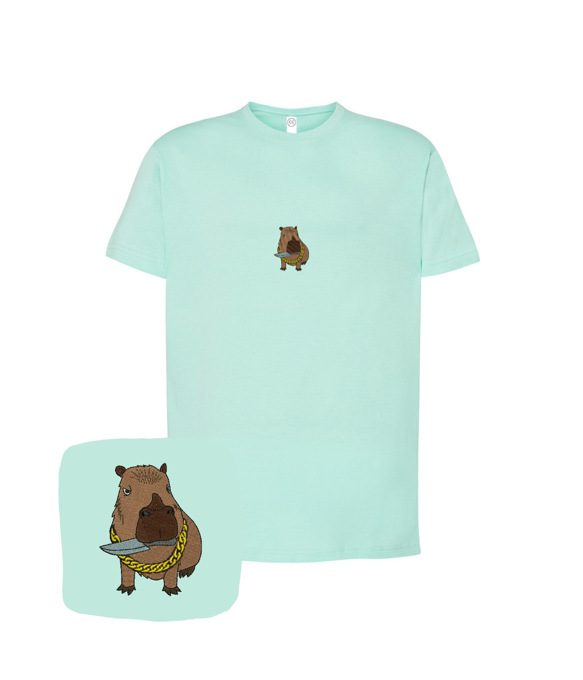 Computer-embroidered capybara T-shirt from CustomClothes.pl, featuring a colorful capybara design on a mint background.