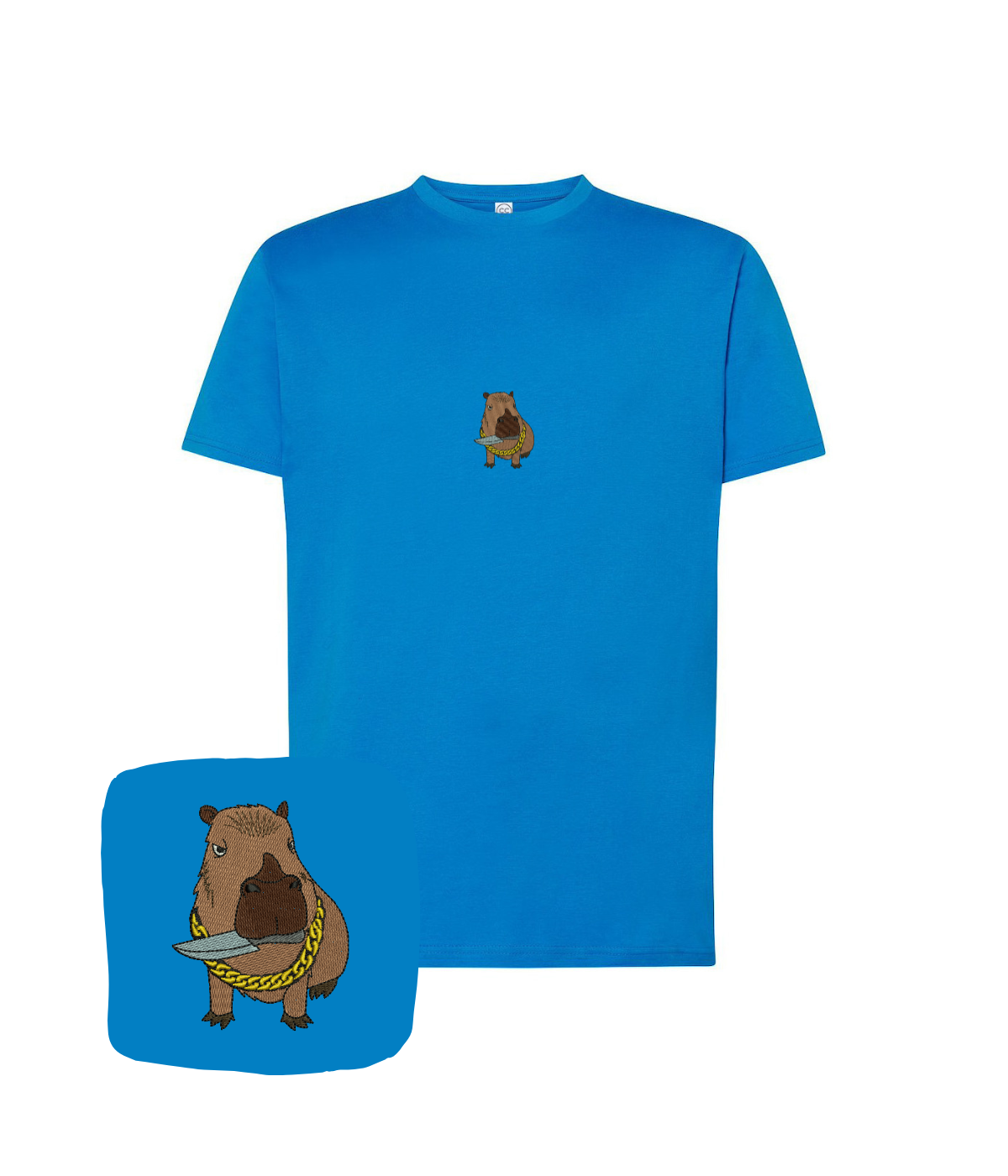 Blue T-shirt with embroidered capybara design, featuring a computer and knife, by CustomClothes.pl, ideal as a birthday gift