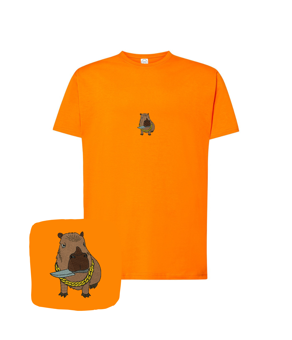 Orange T-shirt with embroidered capybara design, featuring a computer and knife, by CustomClothes.pl, ideal for a birthday gift
