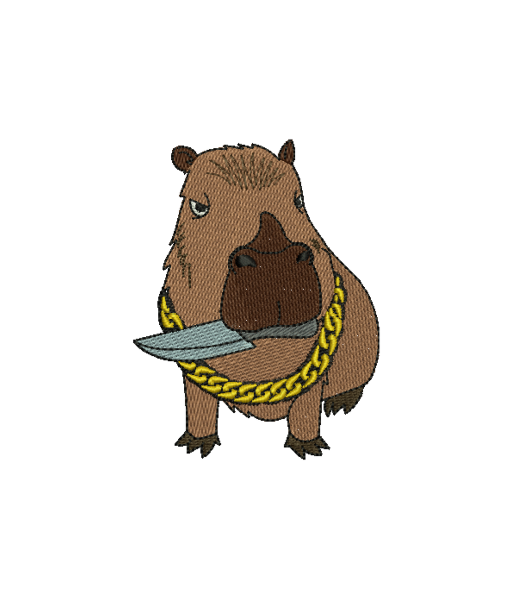 Computer-embroidered capybara T-shirt by CustomClothes.pl, featuring a detailed digital embroidery of a capybara on the front.