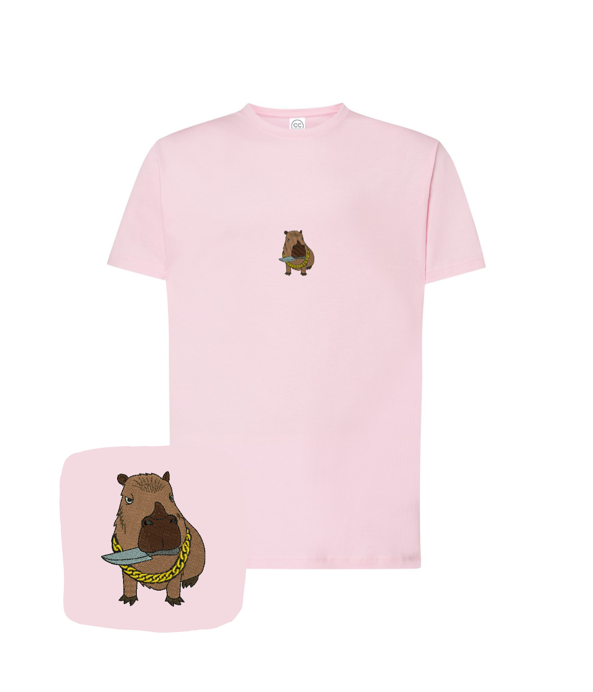 Pink T-shirt with embroidered capybara design, featuring a computer graphic, ideal as an original birthday gift from CustomClothes.pl