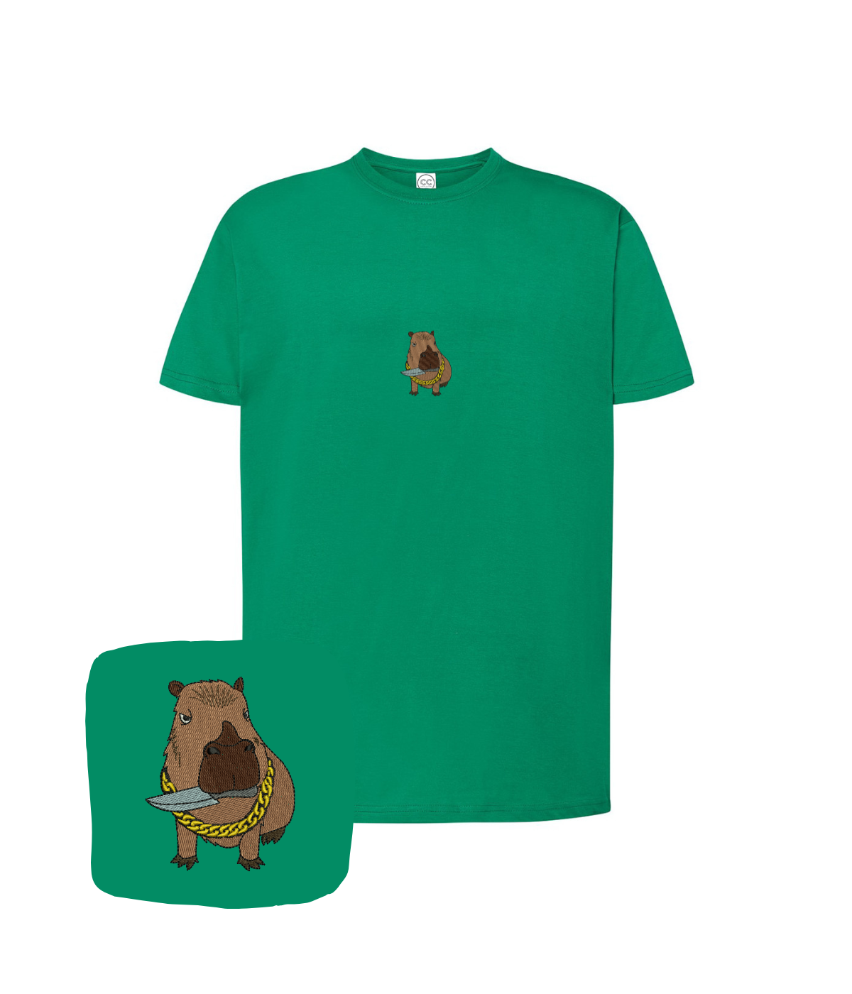 Green embroidered capybara T-shirt featuring a computer-themed design, ideal as an original birthday gift by CustomClothes.pl.