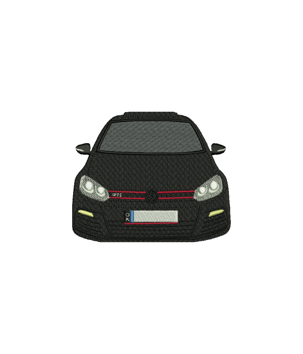 Computer-embroidered VW Golf GTI T-shirt by CustomClothes.pl, featuring detailed VW Golf GTI logo on the front.