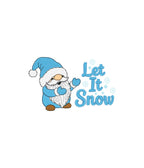 Zbliżenie na haft Let It Snow z gnomem, komputerowy haft na koszulce z humorem