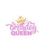 Precyzyjny haft komputerowy na torbie z napisem Birthday Queen, różową czcionką i złotą koroną.