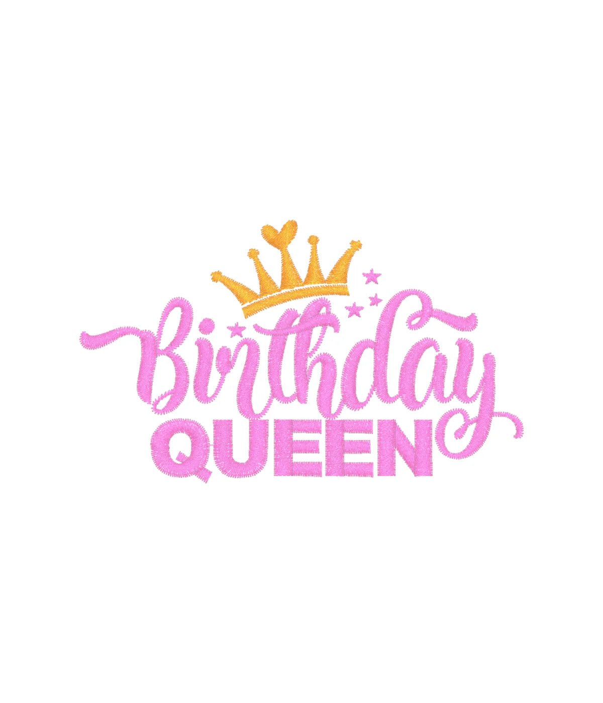 Precyzyjny haft komputerowy na torbie z napisem Birthday Queen, różową czcionką i złotą koroną.