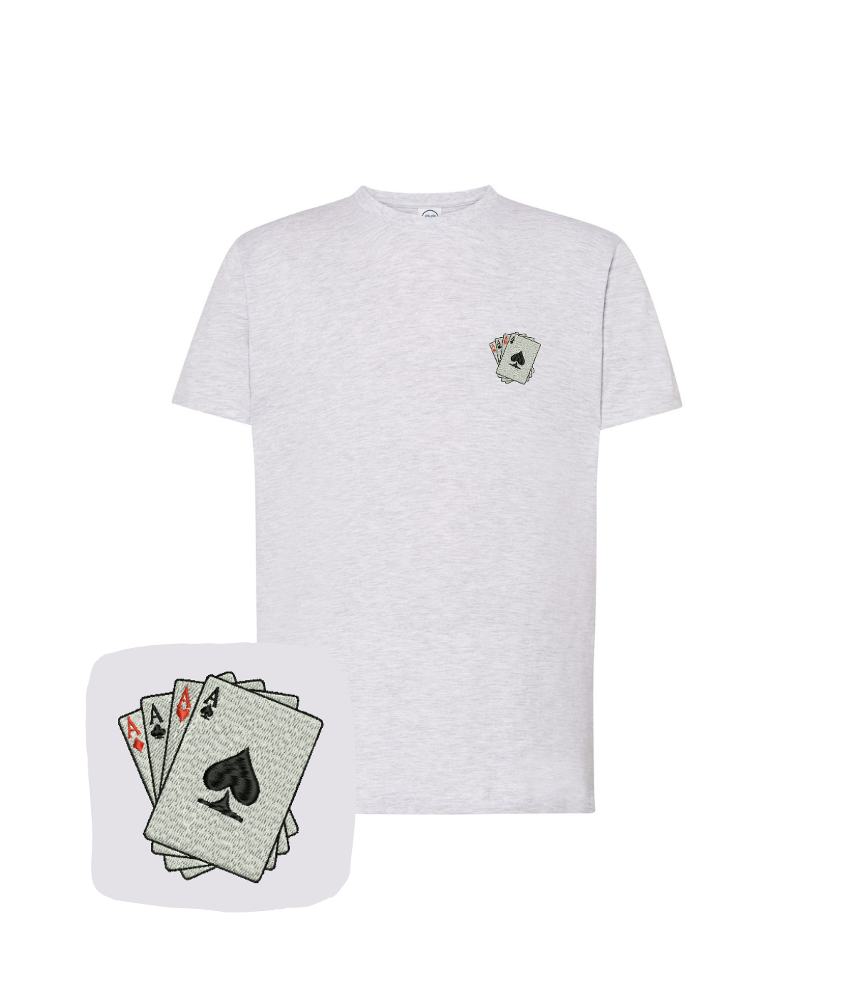 Embroidered logo of four aces on a T-shirt by CustomClothes.pl, showing detailed needlework and fabric texture.