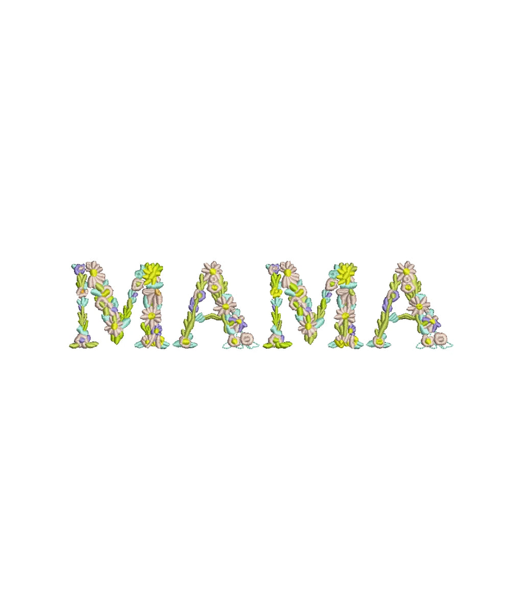 Haft napisu MAMA z kwiatów na białej bluzie - kobietom dedykowany, haft komputerowy.