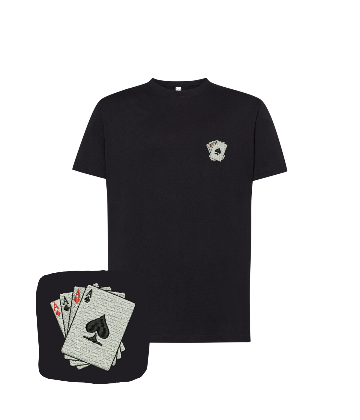 Decorative T-shirt with embroidered four aces design from CustomClothes.pl, showcasing detailed embroidery on the front.