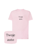 różowa koszulka z wzorem auta