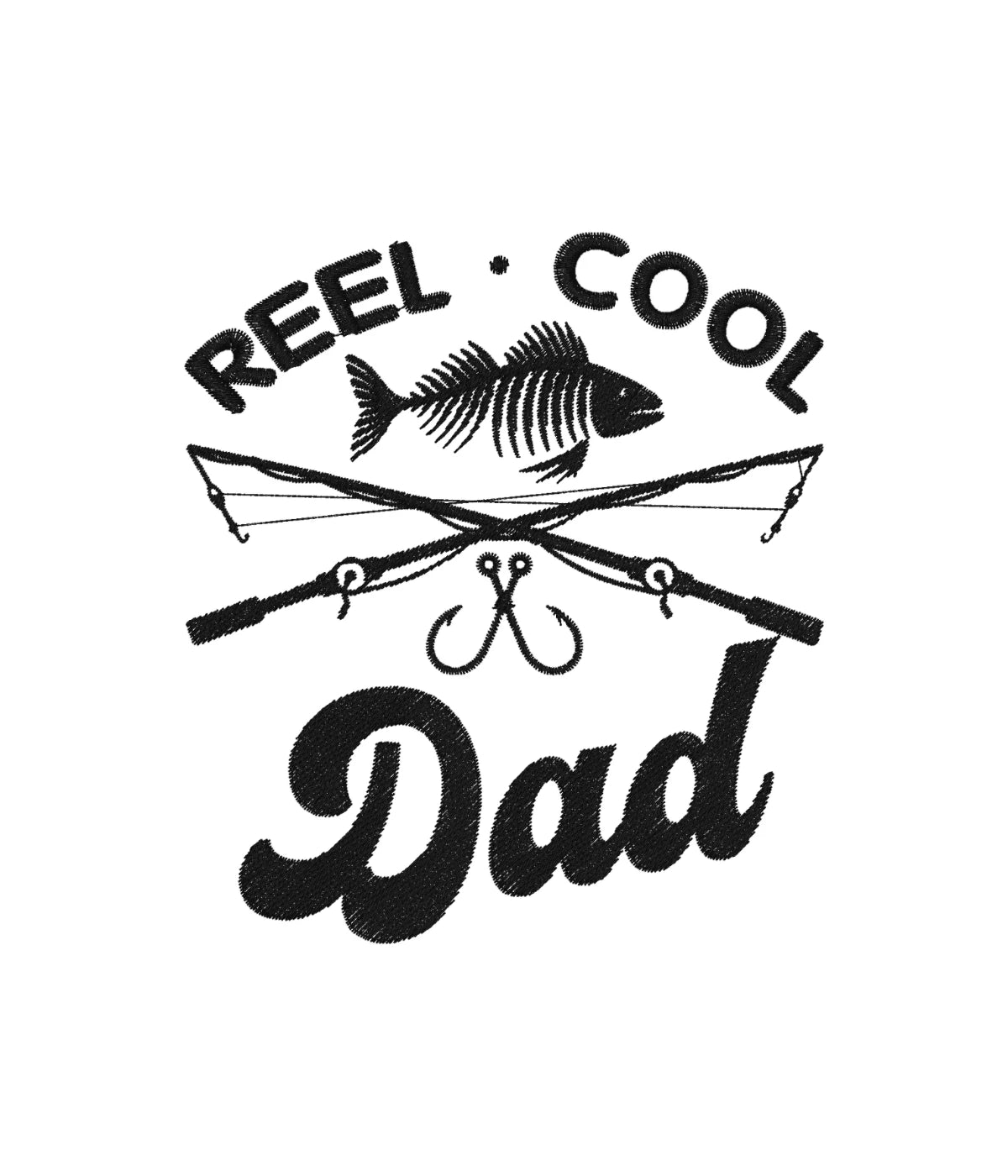 Zbliżenie na haft Reel Cool Dad - haft komputerowy na koszulce, idealny wzór na prezent