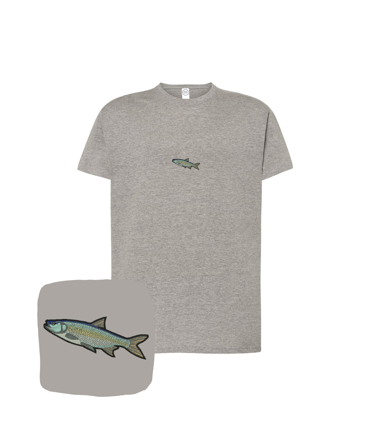 Hand-stitched fish embroidery on a T-shirt by CustomClothes.pl, featuring a detailed boleń fish design.