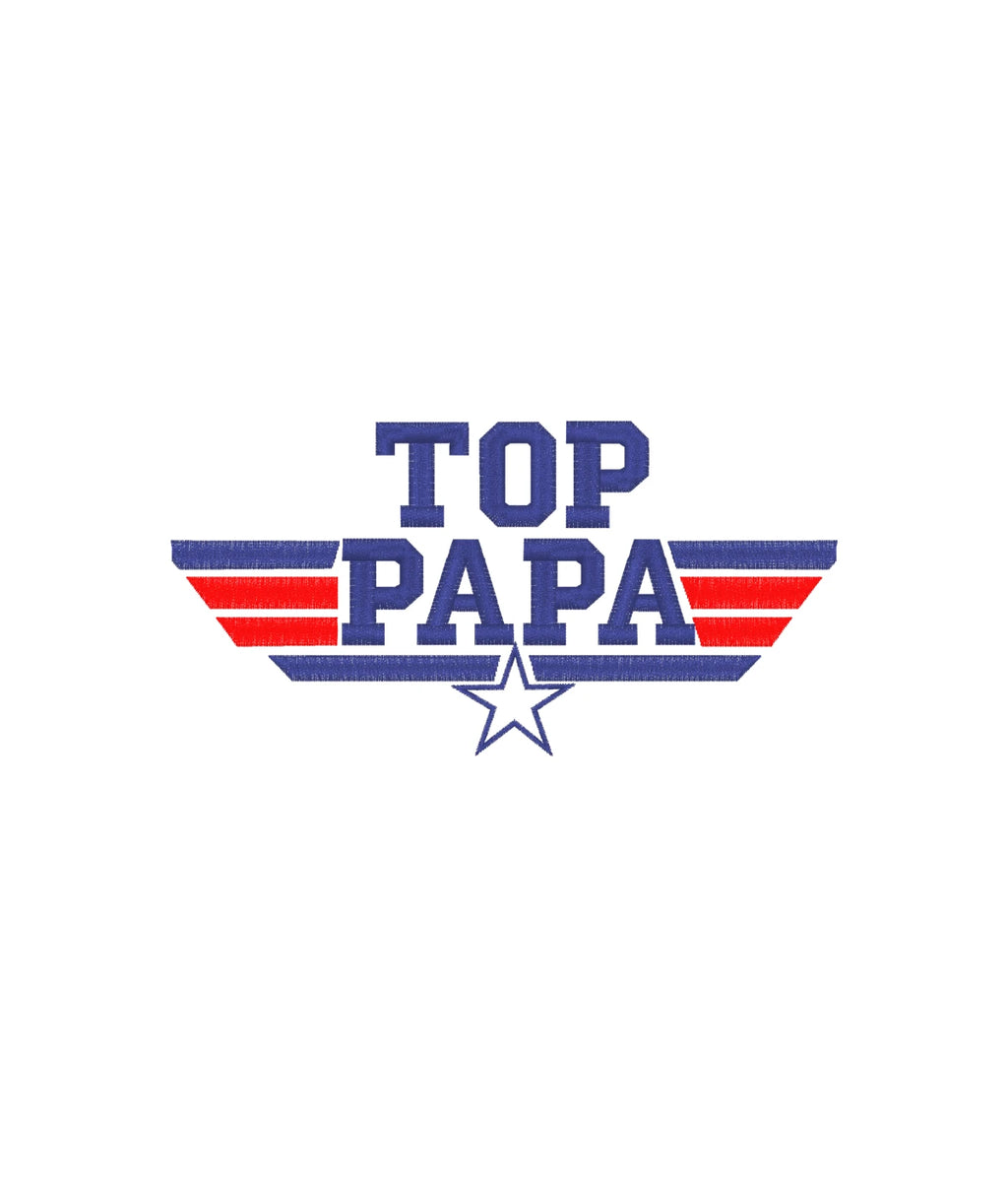 Zbliżenie na kolorowy haft Top Papa - haft komputerowy na białej bluzie, oryginalny design
