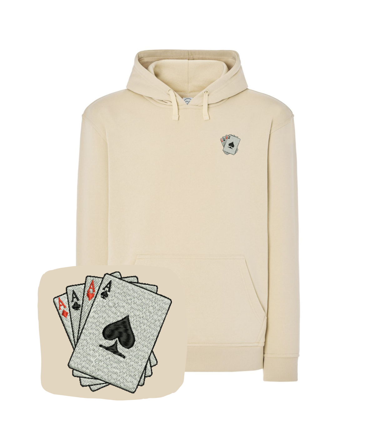 CustomClothes.pl blue sweatshirt with embroidered card game artwork, featuring four aces design on the front.