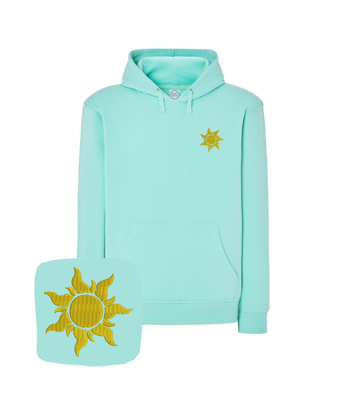 Blue sweatshirt with sun embroidery from CustomClothes.pl, featuring detailed sun design on the chest area.