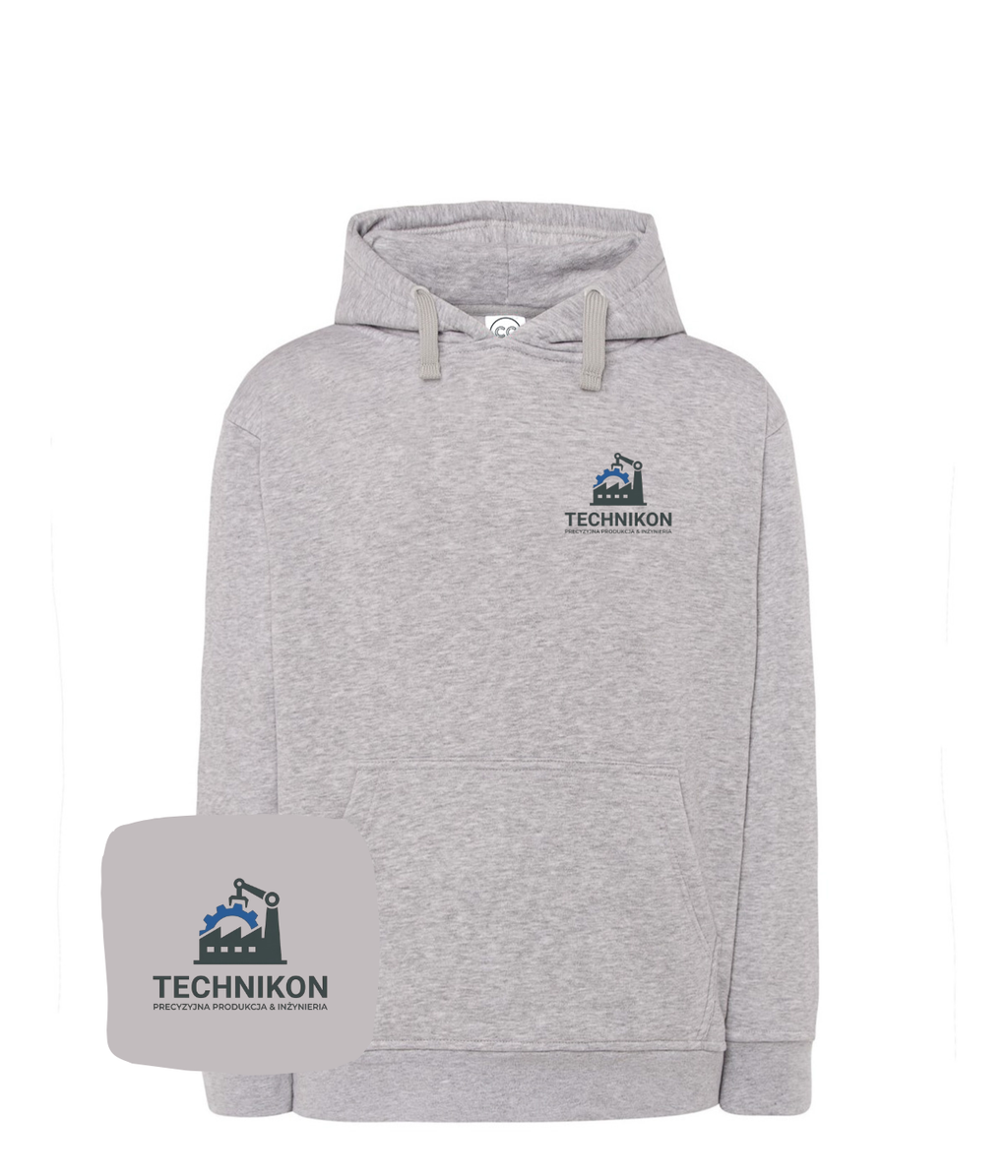 Blue sweatshirt with embroidered company logo on the chest, featuring detailed computer embroidery of the logo.