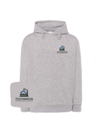 Blue sweatshirt with embroidered company logo on the chest, featuring detailed computer embroidery of the logo.