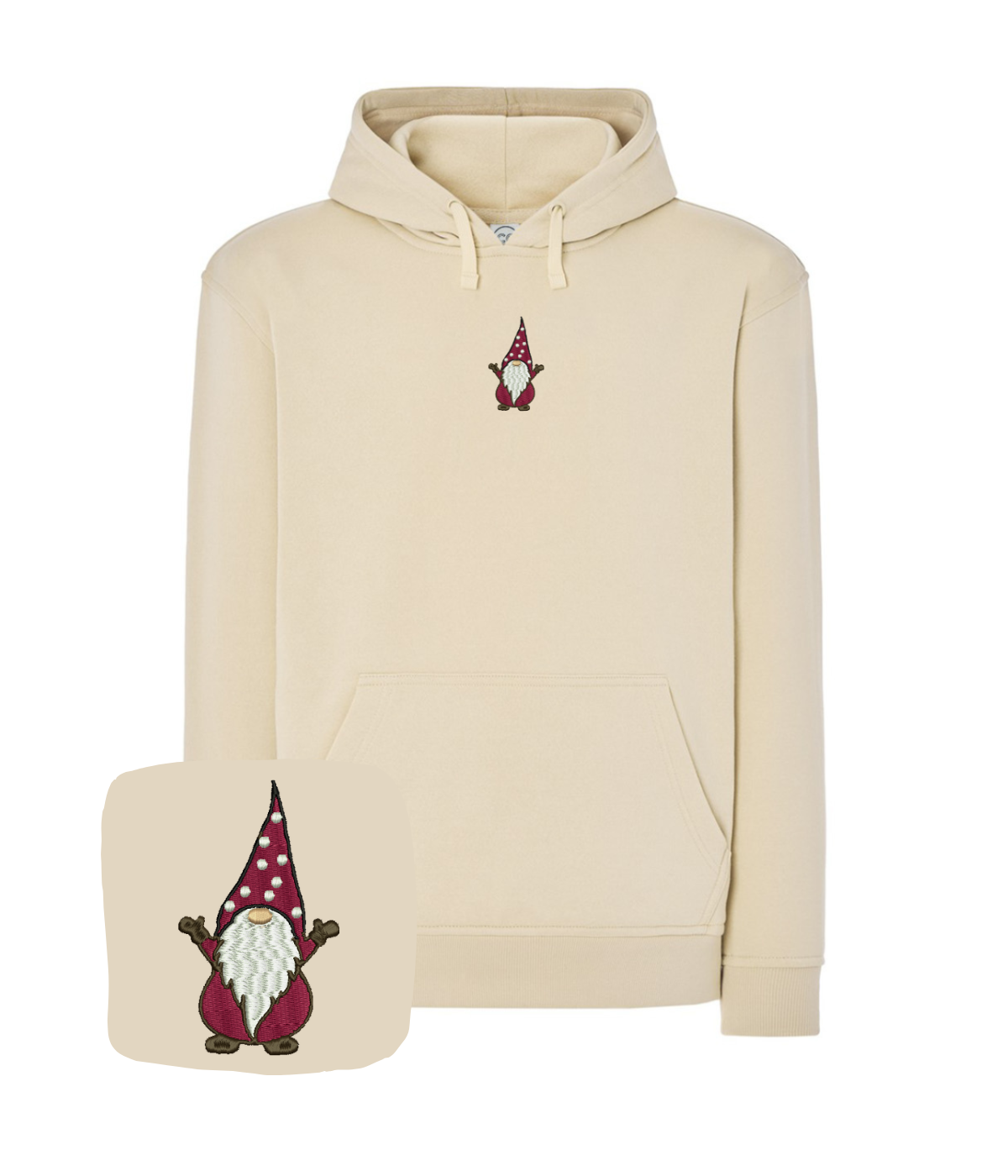 Colorful embroidered gnome hoodie from CustomClothes.pl featuring detailed hand-stitched gnome design on soft fabric.