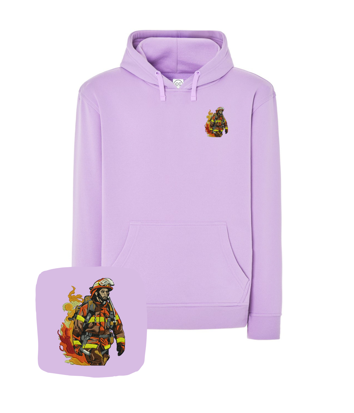 Handmade CustomClothes.pl blue hoodie with firefighter heart embroidery, showcasing detailed stitched design on the front.
