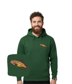 Embroidered trout motif on a casual blue sweatshirt by CustomClothes.pl, showcasing detailed fish embroidery.
