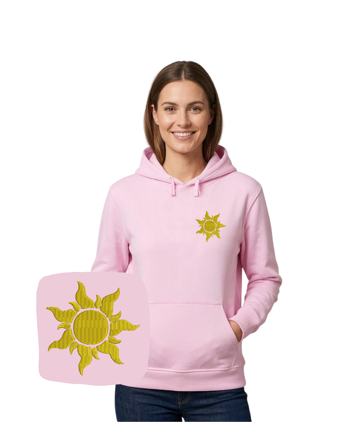 Hoodie with sun embroidery by CustomClothes.pl, featuring detailed sun pattern on soft fabric, casual and stylish.