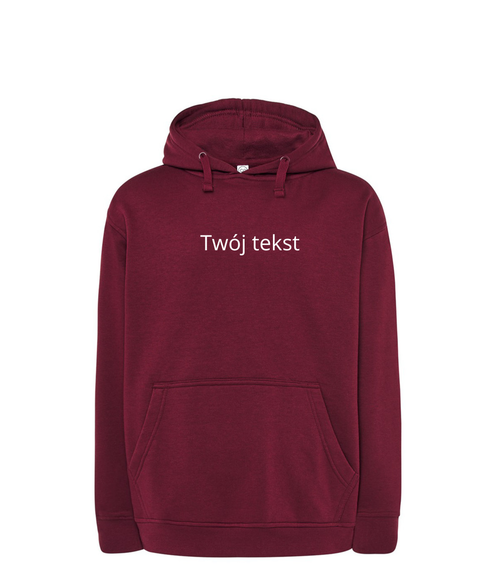 Personalized hoodie with custom embroidered small text on the chest, soft fabric and adjustable hood from CustomClothes.pl