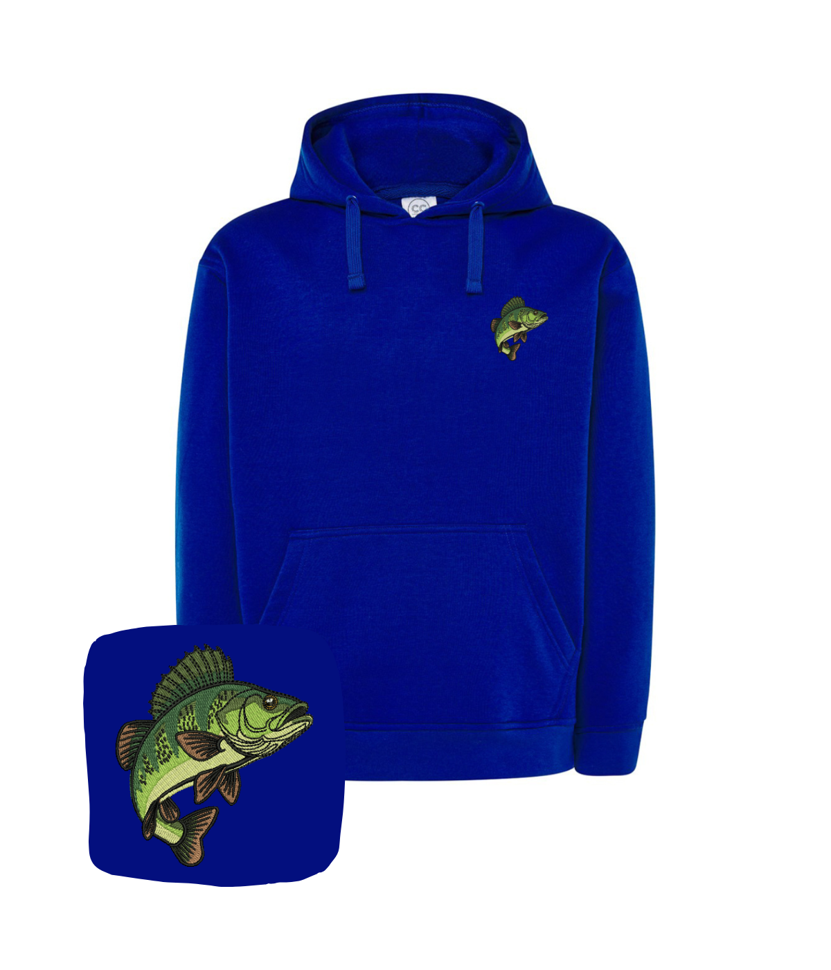 Blue hoodie with embroidered perch fish design, featuring detailed fish embroidery on the front.